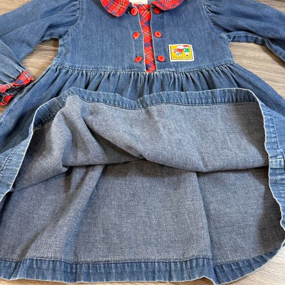 Vintage Oshkosh B'Gosh Denim Dress Size 3T Plaid School Cat Crayon Country - Picture 9 of 16